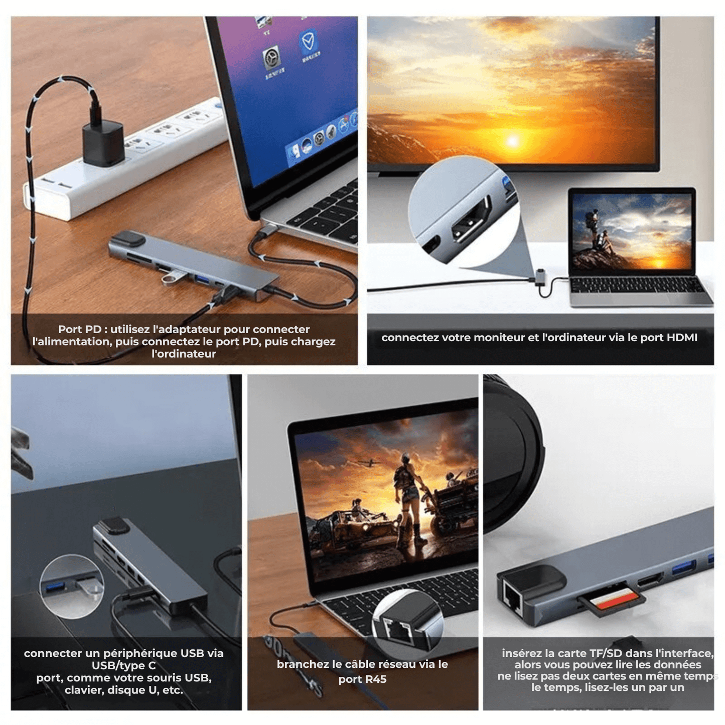 Port Hub USB C 8 en 1 – Station d’Accueil Type - C avec HDMI 4K, RJ45, SD/TF, PD, USB 3.0 pour MacBook, iPad Pro, PC - Nation Army