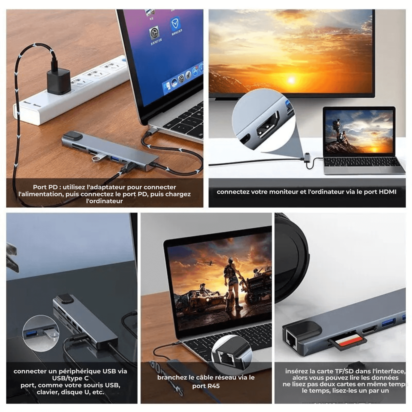 Port Hub USB C 8 en 1 – Station d’Accueil Type - C avec HDMI 4K, RJ45, SD/TF, PD, USB 3.0 pour MacBook, iPad Pro, PC - Nation Army